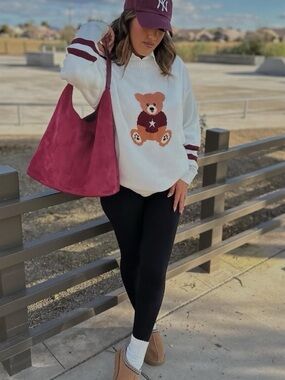 Faded Rose Teddy Crewneck Sweater - White with Burgundy Accents